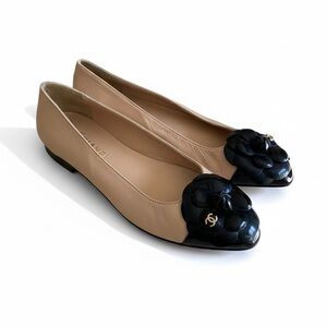 🥿Chanel Style Beige/Black Leather Camellia Flower Ballet Flats 🥿